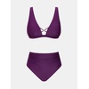 CUPSHE Women’s High Waisted Bikini Set Tummy Control Two Piece Swimsuit | V Neck, Removable Soft Cups, Adjustable Straps, Back Hook, Ruched, Modest Coverage, Beach Vacation, Resort, Cruise, Mom(Deep Plum)
