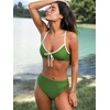 CUPSHE Women’s High Waisted Tummy Control Bikini Set Two Piece Swimsuit | Bathing Suit, Removable Soft Cups, Scoop Neck, Front Bow Detail, Color Block, Ruched, Moderate Coverage, Beach Vacation(Grass Green)