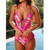 CUPSHE Women’s One Piece Swimsuit Halter Plunging Neck Cutout Bathing Suit | Flattering, Removable Soft Cups, Adjustable Straps, O Ring, Cutout Back, Pool, Beach, Vacation(Hot Magenta/Orange Floral)