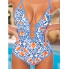 CUPSHE Women’s One Piece Swimsuit Halter Plunging Neck Cutout Bathing Suit | Flattering, Removable Soft Cups, Adjustable Straps, O Ring, Cutout Back, Pool, Beach, Vacation(Blue/Orange Floral)