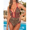 CUPSHE Women’s One Piece Swimsuit Halter Plunging Neck Cutout Bathing Suit | Flattering, Removable Soft Cups, Adjustable Straps, O Ring, Cutout Back, Pool, Beach, Vacation(Red/Brown Leopard)
