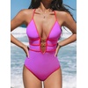CUPSHE Women’s One Piece Swimsuit Halter Plunging Neck Cutout Bathing Suit | Flattering, Removable Soft Cups, Adjustable Straps, O Ring, Cutout Back, Pool, Beach, Vacation(Vivid Fuchsia/Neon Coral)
