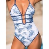 CUPSHE Women’s One Piece Swimsuit Halter Plunging Neck Cutout Bathing Suit | Flattering, Removable Soft Cups, Adjustable Straps, O Ring, Cutout Back, Pool, Beach, Vacation(Blue/White Floral)