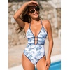 CUPSHE Women’s One Piece Swimsuit Halter Plunging Neck Cutout Bathing Suit | Flattering, Removable Soft Cups, Adjustable Straps, O Ring, Cutout Back, Pool, Beach, Vacation(Blue/White Floral)