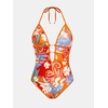 CUPSHE Women’s One Piece Swimsuit Halter Plunging Neck Cutout Bathing Suit | Flattering, Removable Soft Cups, Adjustable Straps, O Ring, Cutout Back, Pool, Beach, Vacation(Orange/Floral)