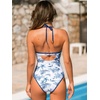 CUPSHE Women’s One Piece Swimsuit Halter Plunging Neck Cutout Bathing Suit | Flattering, Removable Soft Cups, Adjustable Straps, O Ring, Cutout Back, Pool, Beach, Vacation(Blue/White Floral)