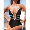 CUPSHE Women’s One Piece Swimsuit Halter Plunging Neck Cutout Bathing Suit | Flattering, Removable Soft Cups, Adjustable Straps, O Ring, Cutout Back, Pool, Beach, Vacation(Black)