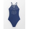 CUPSHE Women’s One Piece Swimsuit High Neck Tummy Control Cutout Back | Lace-Up Back, Removable Padded Cups, Ruched Waist, Adjustable Tie, Flattering Fit, Pool, Beach, Vacation(Yale Blue)