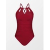 CUPSHE Women’s One Piece Swimsuit High Neck Tummy Control Cutout Back | Lace-Up Back, Removable Padded Cups, Ruched Waist, Adjustable Tie, Flattering Fit, Pool, Beach, Vacation(Wine Red)