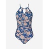 CUPSHE Women’s One Piece Swimsuit High Neck Tummy Control Cutout Back | Lace-Up Back, Removable Padded Cups, Ruched Waist, Adjustable Tie, Flattering Fit, Pool, Beach, Vacation(Dark Blue / Floral)