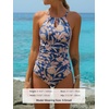 CUPSHE Women’s One Piece Swimsuit High Neck Tummy Control Cutout Back | Lace-Up Back, Removable Padded Cups, Ruched Waist, Adjustable Tie, Flattering Fit, Pool, Beach, Vacation(Dark Blue / Floral)