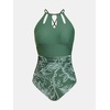 CUPSHE Women’s One Piece Swimsuit High Neck Tummy Control Cutout Back | Lace-Up Back, Removable Padded Cups, Ruched Waist, Adjustable Tie, Flattering Fit, Pool, Beach, Vacation(Olive Green/Floral)
