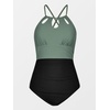 CUPSHE Women’s One Piece Swimsuit High Neck Tummy Control Cutout Back | Lace-Up Back, Removable Padded Cups, Ruched Waist, Adjustable Tie, Flattering Fit, Pool, Beach, Vacation(Black / Green)
