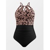CUPSHE Women’s One Piece Swimsuit High Neck Tummy Control Cutout Back | Lace-Up Back, Removable Padded Cups, Ruched Waist, Adjustable Tie, Flattering Fit, Pool, Beach, Vacation(Black/Leopard Print)