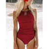 CUPSHE Women’s One Piece Swimsuit High Neck Tummy Control Cutout Back | Lace-Up Back, Removable Padded Cups, Ruched Waist, Adjustable Tie, Flattering Fit, Pool, Beach, Vacation(Wine Red)