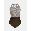 CUPSHE Women’s One Piece Swimsuit High Neck Tummy Control Cutout Back | Lace-Up Back, Removable Padded Cups, Ruched Waist, Adjustable Tie, Flattering Fit, Pool, Beach, Vacation(Chocolate Brown/White)