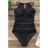CUPSHE Women’s One Piece Swimsuit High Neck Tummy Control Cutout Back | Lace-Up Back, Removable Padded Cups, Ruched Waist, Adjustable Tie, Flattering Fit, Pool, Beach, Vacation(Black)