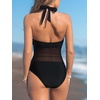 CUPSHE Women’s One Piece Swimsuit Plunging Neck Halter Bathing Suit | Mesh Panel, Removable Soft Cups, Gold Tone Charm, Open Back, Moderate Coverage, Beach Vacation(Black)