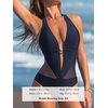 CUPSHE Women’s One Piece Swimsuit Plunging Neck Halter Bathing Suit | Mesh Panel, Removable Soft Cups, Gold Tone Charm, Open Back, Moderate Coverage, Beach Vacation(Navy Blue)