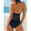 CUPSHE Women’s One Piece Swimsuit Plunging Neck Halter Bathing Suit | Mesh Panel, Removable Soft Cups, Gold Tone Charm, Open Back, Moderate Coverage, Beach Vacation(Navy Blue)