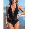 CUPSHE Women’s One Piece Swimsuit Plunging Neck Halter Bathing Suit | Mesh Panel, Removable Soft Cups, Gold Tone Charm, Open Back, Moderate Coverage, Beach Vacation(Black)