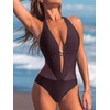 CUPSHE Women’s One Piece Swimsuit Plunging Neck Halter Bathing Suit | Mesh Panel, Removable Soft Cups, Gold Tone Charm, Open Back, Moderate Coverage, Beach Vacation(Plum Purple)