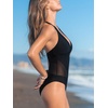 CUPSHE Women’s One Piece Swimsuit Plunging Neck Halter Bathing Suit | Mesh Panel, Removable Soft Cups, Gold Tone Charm, Open Back, Moderate Coverage, Beach Vacation(Black)