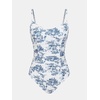 CUPSHE Women’s One Piece Swimsuit V Neck Tummy Control Bathing Suit Crisscross Back Self Tie Ruched Swimwear(White/Blue Floral)