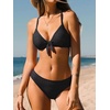 CUPSHE Women’s Two Piece V Neck Textured Bikini Sets | Bunny Tie,Adjustable Straps,Soft Removable Cups,Flattering Bathing Suit For Vacation And Beach(Carbon Black)
