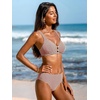 CUPSHE Women’s V Neck Bikini Sets Textured Crossback Two Piece Swimsuit | Cutout,Back Self Tie,Soft Removable Cups,Mid Rise,Flattering Bathing Suit For Vacation And Beach(Brown/White)