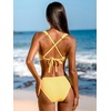 CUPSHE Women’s V Neck Bikini Sets Textured Crossback Two Piece Swimsuit | Cutout,Back Self Tie,Soft Removable Cups,Mid Rise,Flattering Bathing Suit For Vacation And Beach(Yellow/White)