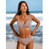 CUPSHE Women’s V Neck Bikini Sets Textured Crossback Two Piece Swimsuit | Cutout,Back Self Tie,Soft Removable Cups,Mid Rise,Flattering Bathing Suit For Vacation And Beach(Brown/White)