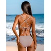 CUPSHE Women’s V Neck Bikini Sets Textured Crossback Two Piece Swimsuit | Cutout,Back Self Tie,Soft Removable Cups,Mid Rise,Flattering Bathing Suit For Vacation And Beach(Brown/White)