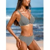CUPSHE Women’s V Neck Bikini Sets Textured Crossback Two Piece Swimsuit | Cutout,Back Self Tie,Soft Removable Cups,Mid Rise,Flattering Bathing Suit For Vacation And Beach(Black/White)