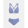 CUPSHE Women’s V Neck Bikini Sets Textured Crossback Two Piece Swimsuit | Cutout,Back Self Tie,Soft Removable Cups,Mid Rise,Flattering Bathing Suit For Vacation And Beach(Blue/White)