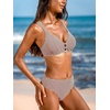 CUPSHE Women’s V Neck Bikini Sets Textured Crossback Two Piece Swimsuit | Cutout,Back Self Tie,Soft Removable Cups,Mid Rise,Flattering Bathing Suit For Vacation And Beach(Brown/White)