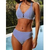 CUPSHE Women’s V Neck Bikini Sets Textured Crossback Two Piece Swimsuit | Cutout,Back Self Tie,Soft Removable Cups,Mid Rise,Flattering Bathing Suit For Vacation And Beach(Blue/White)