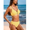 CUPSHE Women’s V Neck Bikini Sets Textured Crossback Two Piece Swimsuit | Cutout,Back Self Tie,Soft Removable Cups,Mid Rise,Flattering Bathing Suit For Vacation And Beach(Yellow/White)