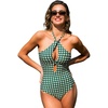 CUPSHE High Neck One Piece Swimsuit for Women Cutout Halter Swimwear | Removable Soft Cups, Back Hook, Classic Bum Coverage, Sexy Bathing Suit For Beach Vacation Pool Party Resort Getaways(Green/Geometric)