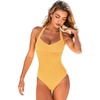 CUPSHE One Piece Swimsuit for Women Halter V Neck Full Coverage Swimwear | Bathing Suit, Removable Soft Cups, Adjustable Halter, Open Back, Classic Coverage, Vacation Ready(Yellow/Geo)