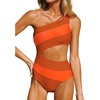 CUPSHE Women One Piece Swimsuit One Shoulder Bathing Suit Cutout Monokini | Removable Soft Cups, Color Block, Classic Bum Coverage, Swim Suit For Beach Vacation Cruise Pool Party(Orange Red Color Block)