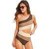CUPSHE Women One Piece Swimsuit One Shoulder Bathing Suit Cutout Monokini | Removable Soft Cups, Color Block, Classic Bum Coverage, Swim Suit For Beach Vacation Cruise Pool Party(Brown Color Block)