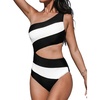 CUPSHE Women One Piece Swimsuit One Shoulder Bathing Suit Cutout Monokini | Removable Soft Cups, Color Block, Classic Bum Coverage, Swim Suit For Beach Vacation Cruise Pool Party(Black/White)