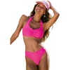 CUPSHE Women’s Bikini Set Scalloped Two Piece Swim Suit Ruched | Removable Soft Cups, Halter Strap, Back Tie Design, Mid Rise, Moderate Coverage, Beach Vacation, Resort, Cruise(Hot Pink)
