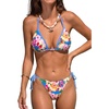 CUPSHE Women’s Bikini Set Two Piece Swimsuit Sexy String Tie Bathing Suit Low Rise Halter Cheeky Bottom Swimwear(Blue/Pink Floral)
