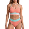 CUPSHE Women’s Bikini Sets V Neck High Waisted Bathing Suit Seamless | Ribbed Textured, Color Block Trim, Removable Soft Cups, Adjustable Straps, Sporty Swimsuit, Modest Coverage, For Beach(Coral/Cyan/Pink)