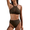 CUPSHE Women’s High Waisted Bikini Set High Neck Two Piece Swimsuit Mesh | Bathing Suit, Removable Soft Cups, Adjustable Straps, Back Hook, Moderate Coverage, Sexy, Beach Vacation, Resort Ready(Brown)