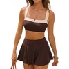 CUPSHE Women’s High Waisted Bikini Set Swim Skirt Modest Swimsuit | Built In Briefs, Removable Soft Cups, Crossback Tie, Color Block, Modest Bathing Suit For Family Beach Vacation(Brown/Beige)