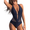CUPSHE Women’s One Piece Swimsuit Plunging Neck Halter Bathing Suit | Mesh Panel, Removable Soft Cups, Gold Tone Charm, Open Back, Moderate Coverage, Beach Vacation(Navy Blue)