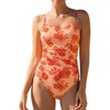 CUPSHE Women’s One Piece Swimsuit V Neck Tummy Control Bathing Suit Crisscross Back Self Tie Ruched Swimwear(Orange/Red Floral)
